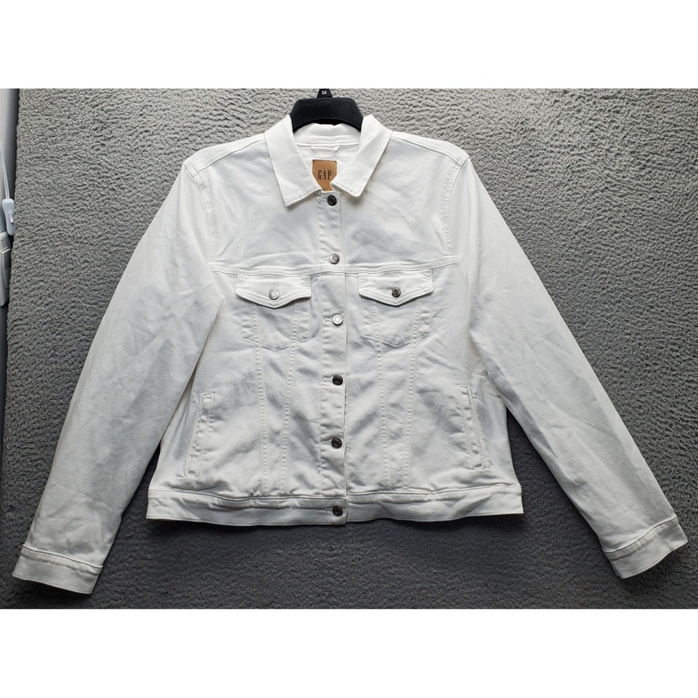 Gap Trucker Jacket Women XLT White Denim Long Sleeve Stretch Collar Button Front